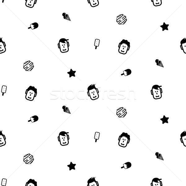 600x600 Funny Face Icon And Ice Cream Line Seamless Vector Pattern Vector