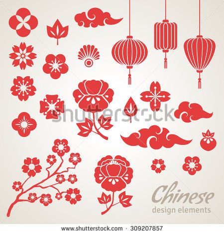450x470 Chinese Decorative Icons, Clouds, Flowers And Chinese Lights