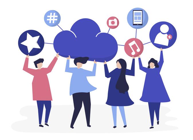 674x490 People Holding Cloud And Social Networking Icons Illustration