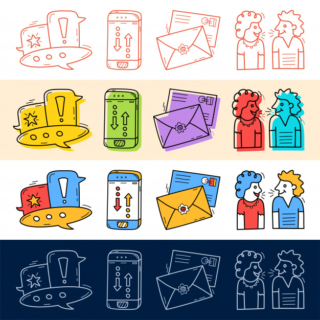626x626 Hand Draw Chat, Talk, Phone, Mail Icon Set In Doodle Style