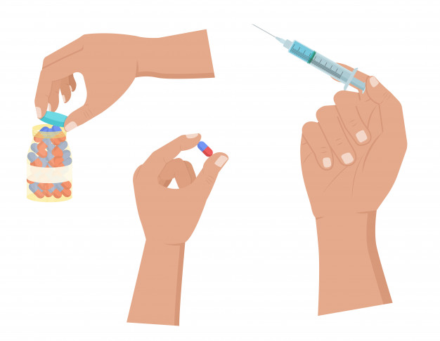 626x486 Hand Holds Pill And Syringe, Open Pills Bottle Icon Set On White