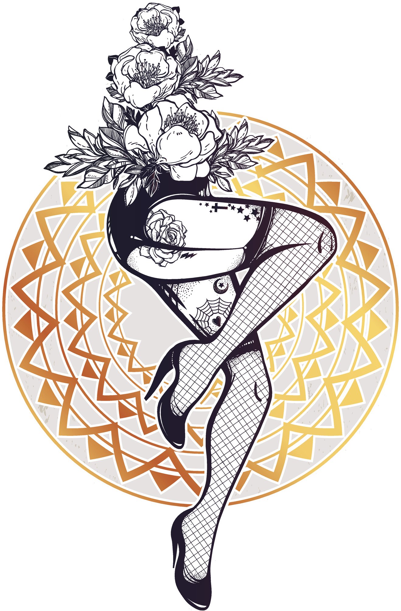 1318x2007 Pin Up Girl Legs With Fishnet And Flowers On Gold Tribal Icon
