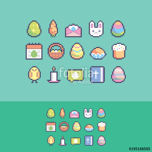 500x500 Pixel Art Cute Easter Vector Icons Set Stock Image And Royalty