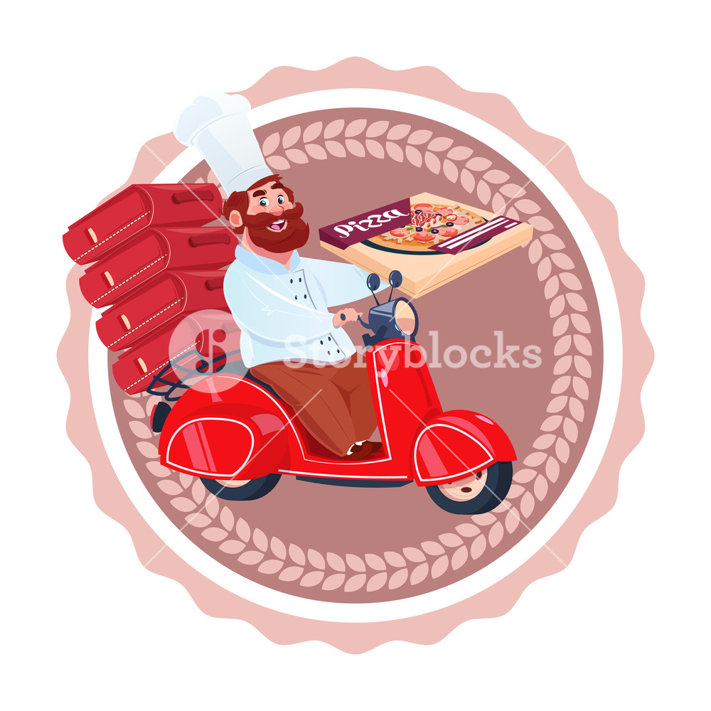 1000x1000 Man Cook Deliver Pizza Riding Retro Scooter Restaurant Food