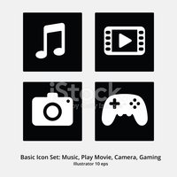 200x200 Basic Icon Set Music, Play Movie, Camera, Gaming Stock Vectors