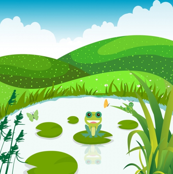 595x600 Nature Background Green Decor Grass Pond Frog Icon Free Vector