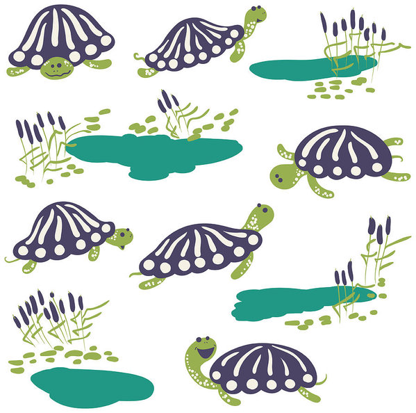 599x594 Vector Earthen Turtle And Reeds With Pond Icon Set Art Print