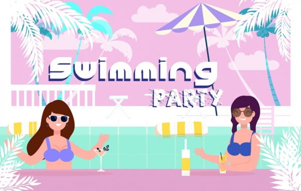 600x380 Pool Party Banner Bikini Girls Icons Colored Cartoon