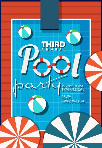 411x600 Pool Party Poster Umbrella Ball Icons Flat Design Free Vector