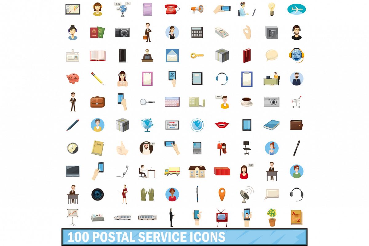1200x800 Postal Service Icons Set, Cartoon Style