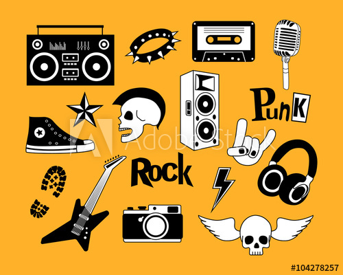 500x400 Punk Rock Music Vector Isolated On Yellow Background Set Design