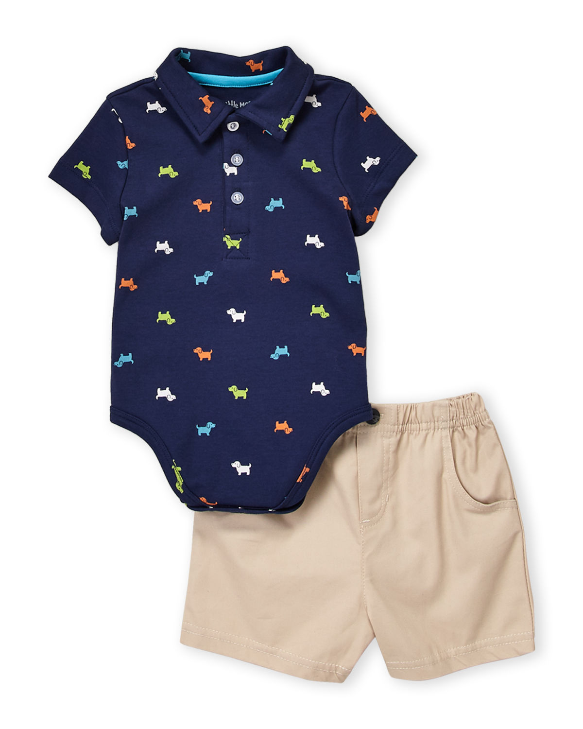 1200x1500 Infant Boys Two Piece Puppy Icon Bodysuit Khaki Shorts Set