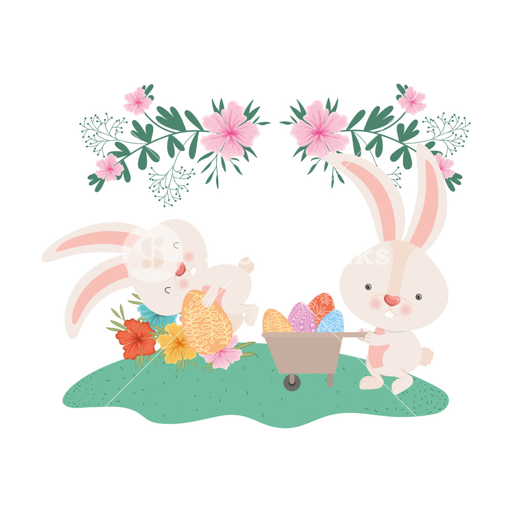 1000x1000 Rabbits With Wheelbarrow And Easter Egg Icon Vector Illustration