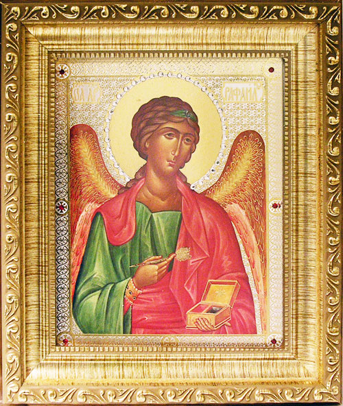 500x592 Gold Framed Jeweled Glass Archangel Raphael Icon Med St