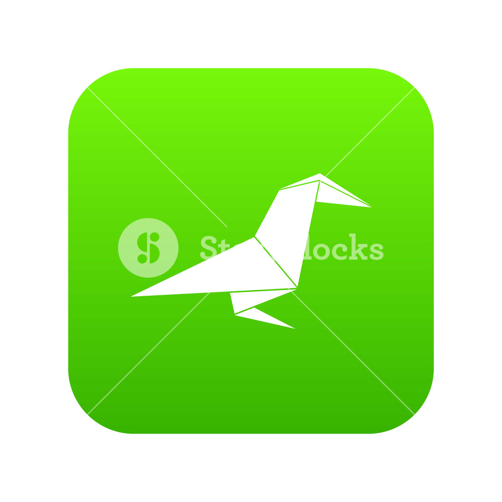 1000x1000 Origami Raven Icon Green Vector Isolated On White Background
