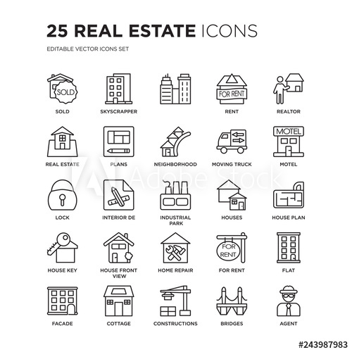 500x500 Set Of Real Estate Linear Icons Such As Sold, Skyscrapper