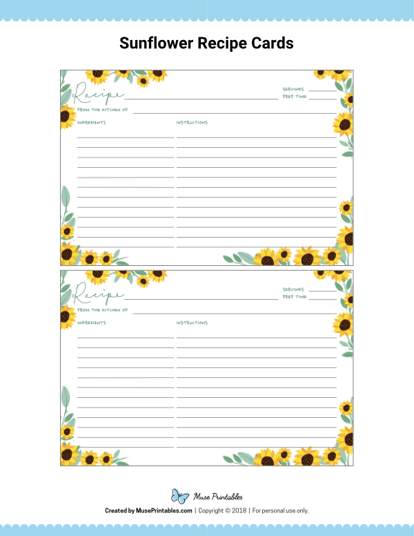600x776 Printable Sunflower Recipe Cards