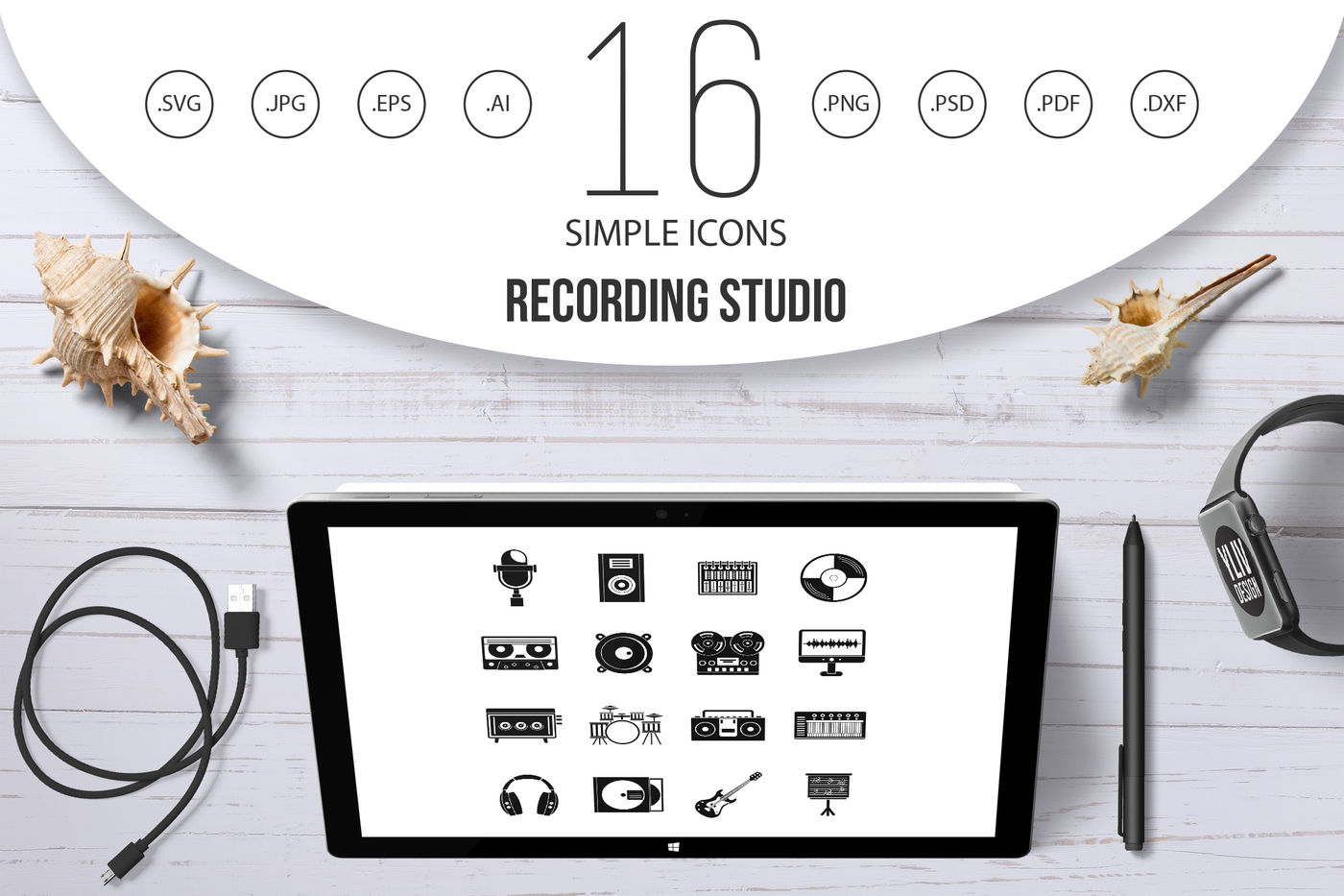 1400x933 Recording Studio Items Icons Set, Simple Style