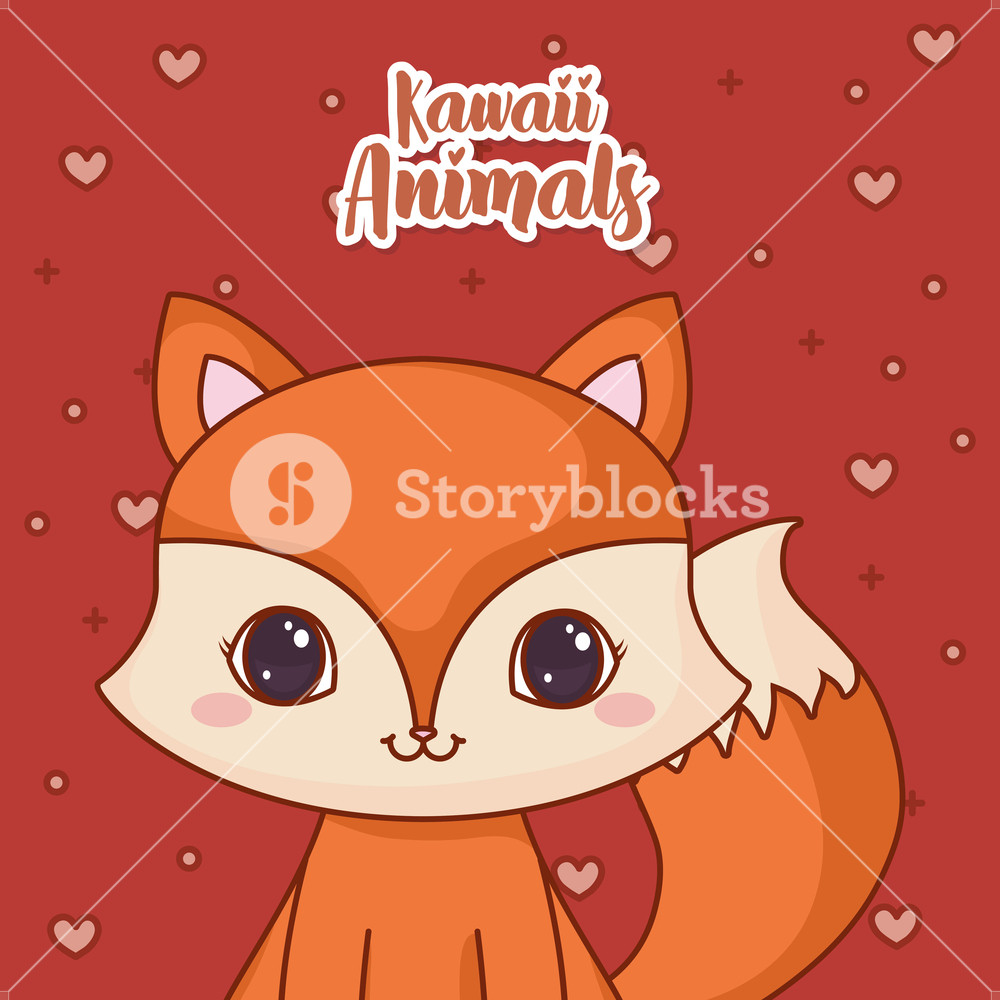 1000x1000 Kawaii Fox Icon And Decorative Hearts Around Over Red Background