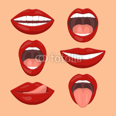 400x400 Woman Emotions, Girl Mouth With Red Lips Icon Set Flat Vector