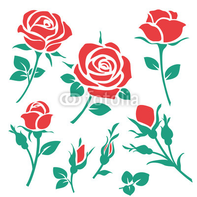 400x400 Set Of Decorative Red Rose Silhouette With Green Leaves Vector