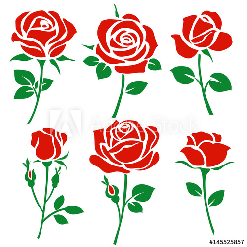 500x500 Set Of Decorative Red Rose Silhouette With Green Leaves Vector