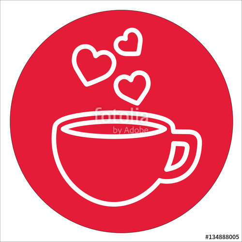 500x500 Cup Of Coffee Tea Hot With Hearts Steam White Line Icon On Red