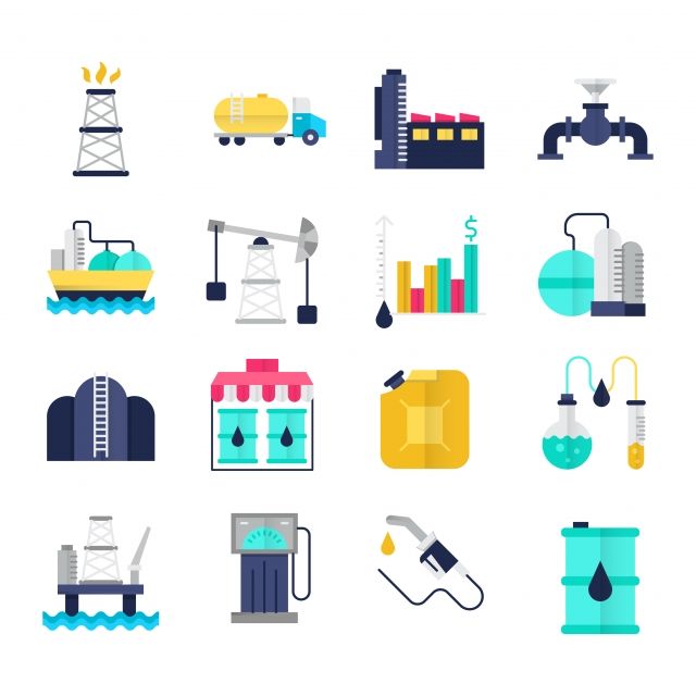 640x640 Oil Industry Flat Icons Set, Chemical Analysis, Drilling Rig, Fuel