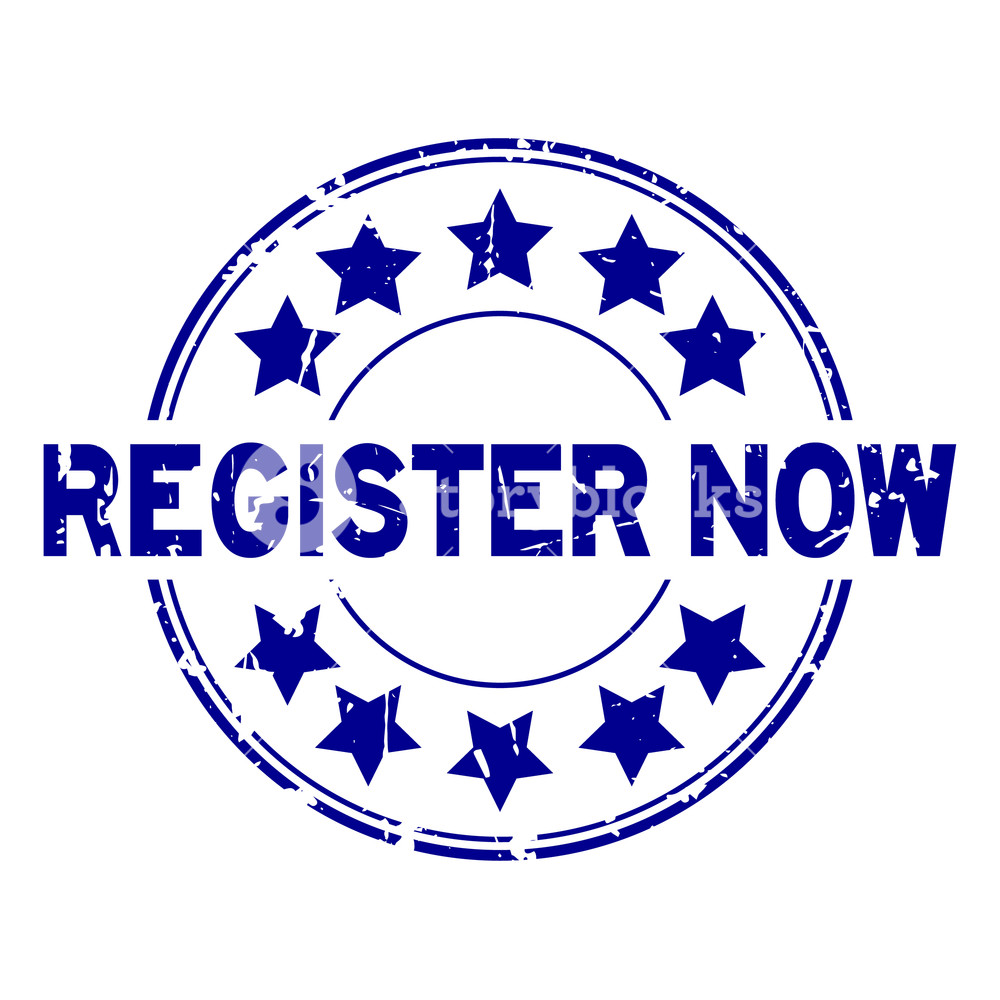 1000x1000 Grunge Blue Register Now With Star Icon Round Rubber Seal Stamp