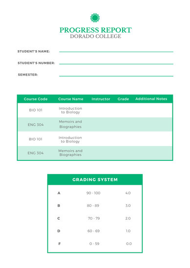 389x550 White With Green Icon And Shapes College Report Card