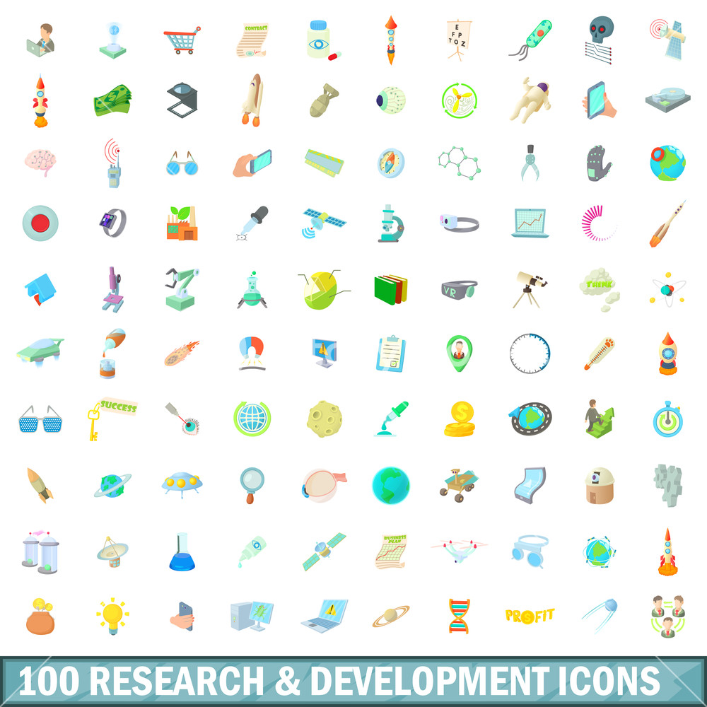 1000x1000 Research And Development Icons Set In Cartoon Style For Any