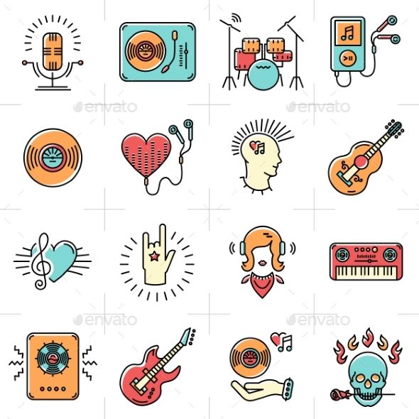 590x590 Line Art Music Icons Set Rock Punk Jazz Symbols