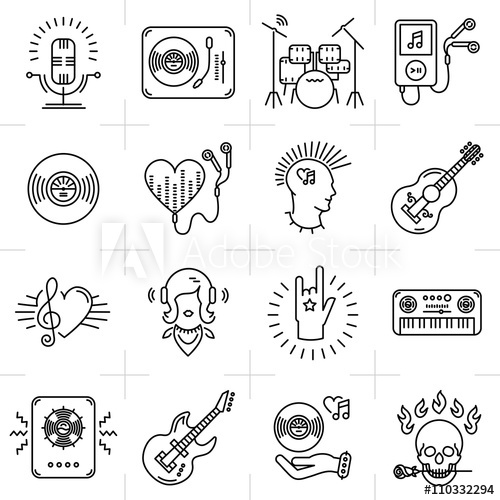 500x500 Thin Lines Music Icons Set Rock Music Band, Punk Rocker, Heavy