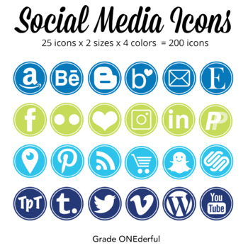 350x350 Social Media Icon Set Round, Blog Icons, Blue Green Navy Tpt