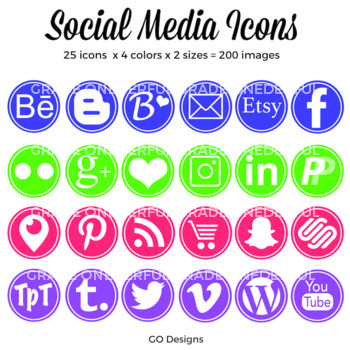 350x350 Social Media Icon Set Round, Blog Icons, Purple Pink Green Blue