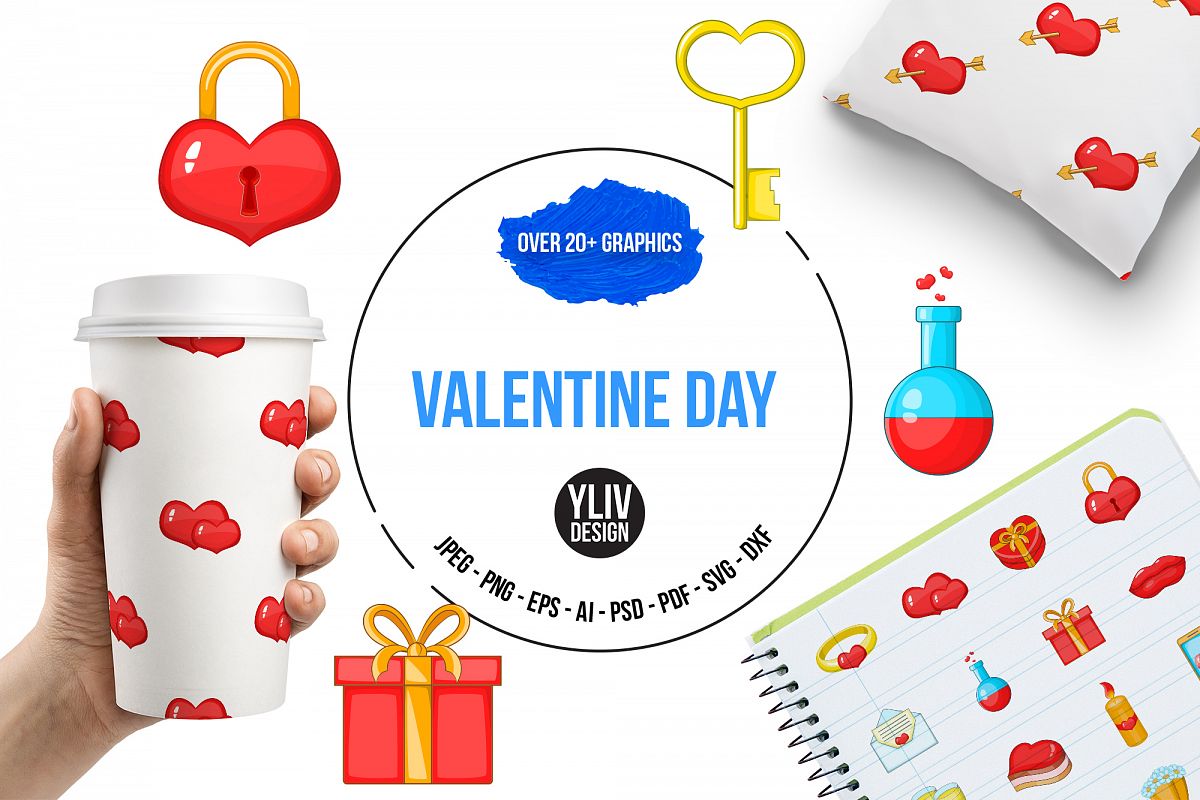 1200x800 Saint Valentine Day Icons Set, Cartoon Style