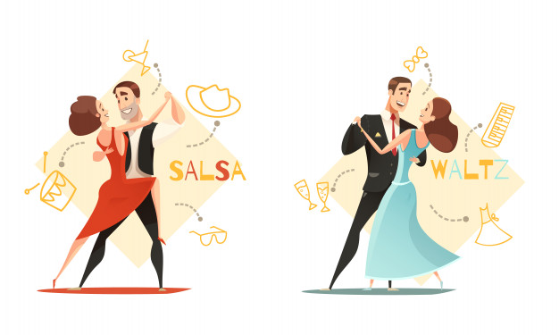 626x375 Dancing Waltz And Salsa Couples Retro Cartoon Templates