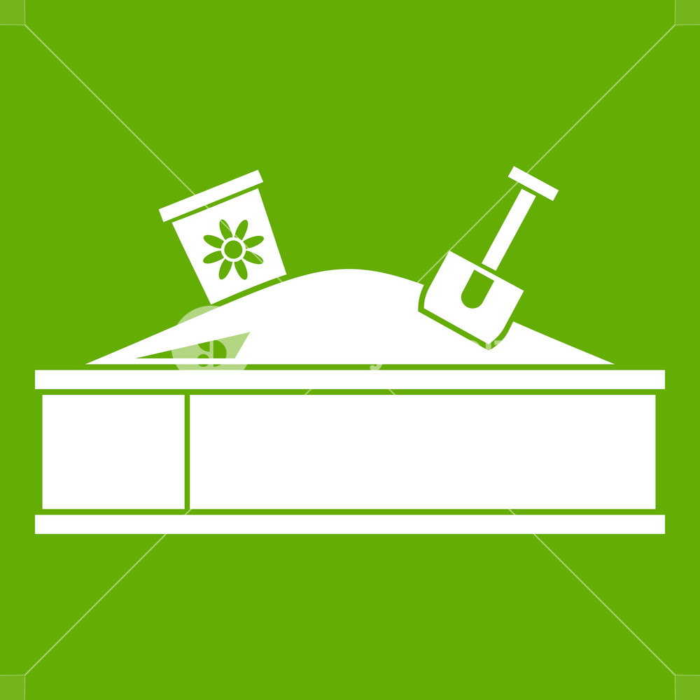 1000x1000 Sandbox With Bucket And Shovel Icon White Isolated On Green