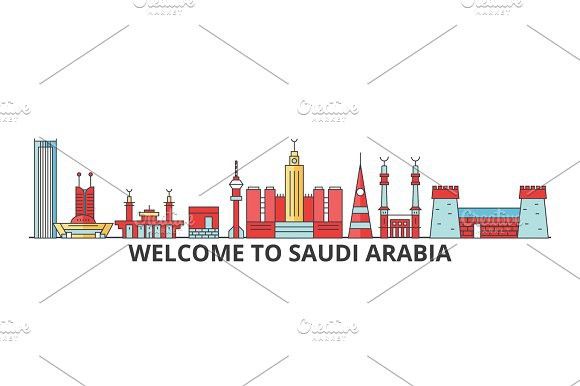 580x386 Saudi Arabia Outline Skyline, Arab Flat Thin Line Icons, Landmarks