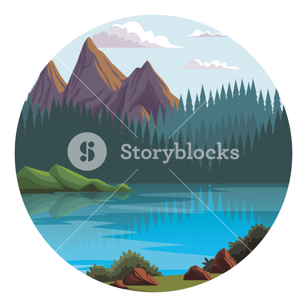 Beautiful Landscape Scenery With River And Mountains Round Icon 1000x1000 Beautiful Landscape Scenery With River And Mountains Round Icon