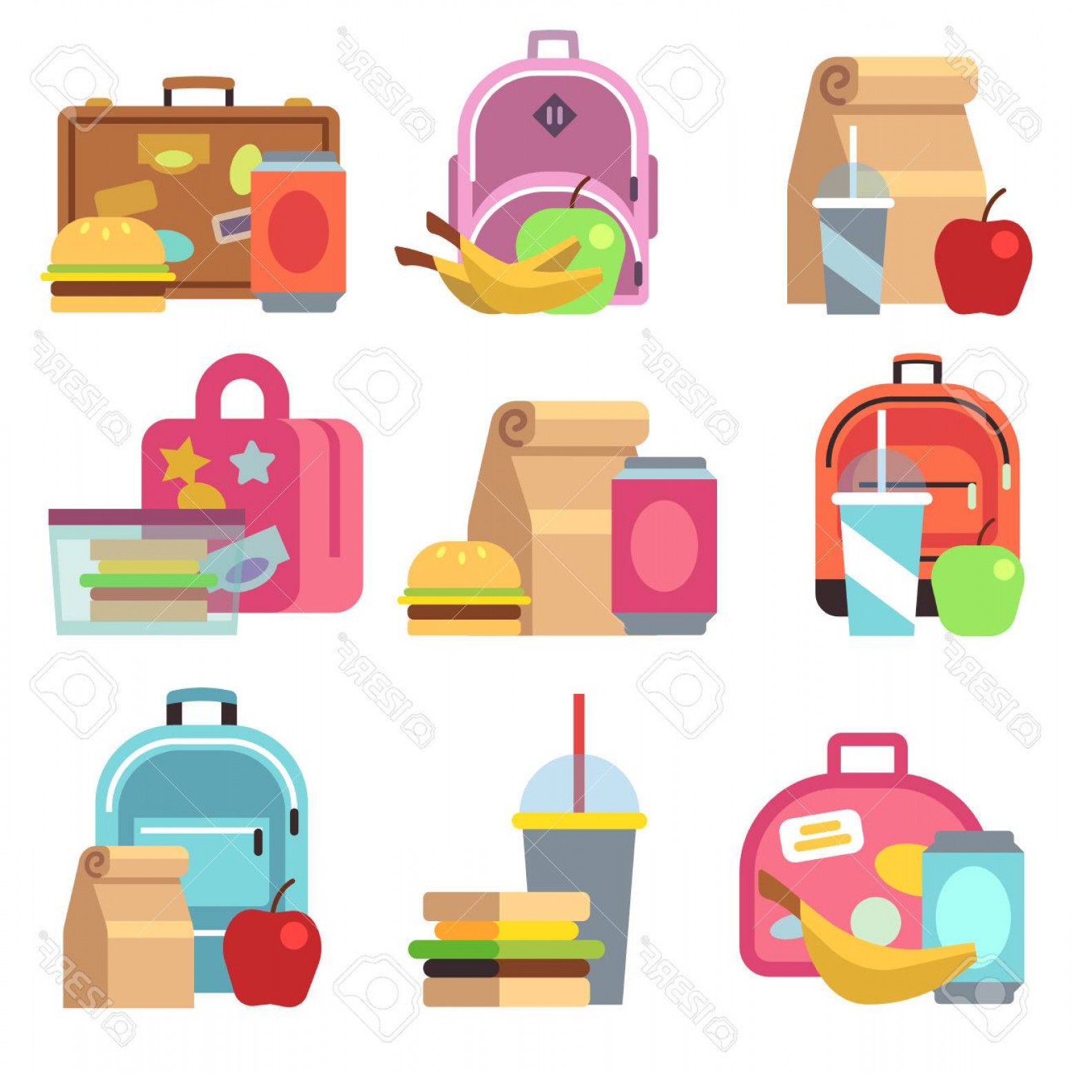 1558x1560 Photostock Vector School Lunch Food Boxes And Kids Bags Vector