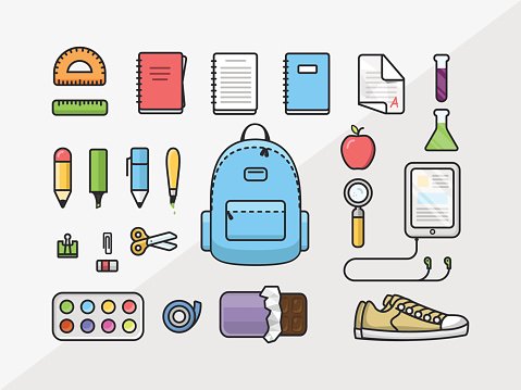 479x359 School Supplies Icon Set, Back To School Outline Flat Illustration
