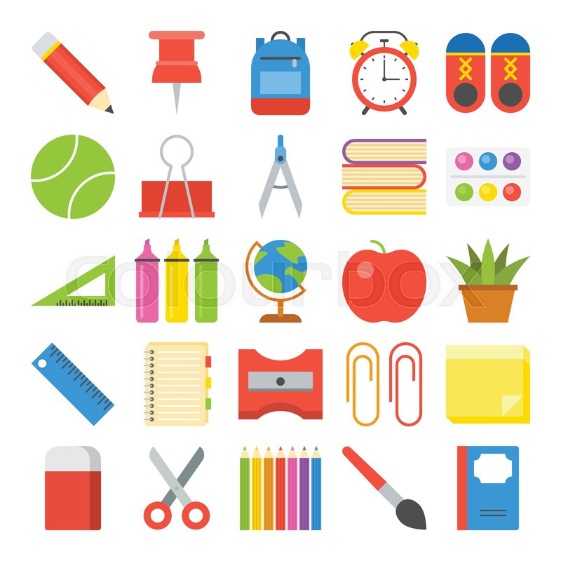 800x800 School Supplies Icon Set In Flat Stock Vector Colourbox