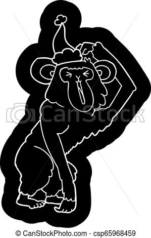 299x470 Quirky Cartoon Icon Of A Chimp Scratching Head Wearing Santa Hat