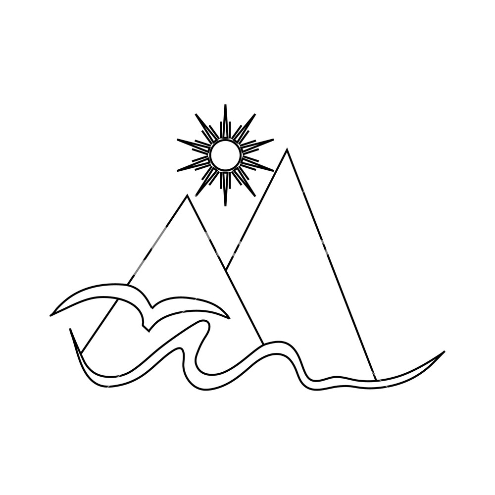 1000x1000 Mountain, Sun,and Sea Icon In Outline Style On A White Background