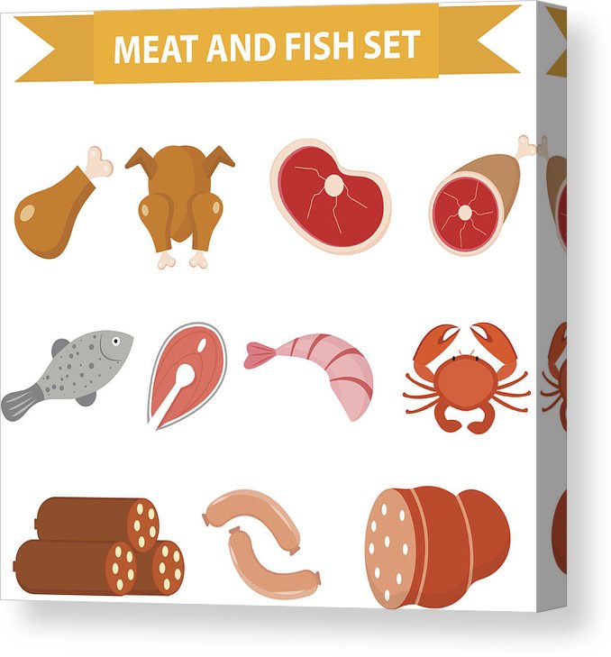 678x729 Meat And Seafood Icon Set, Flat Style Meat And Fish Canvas Print