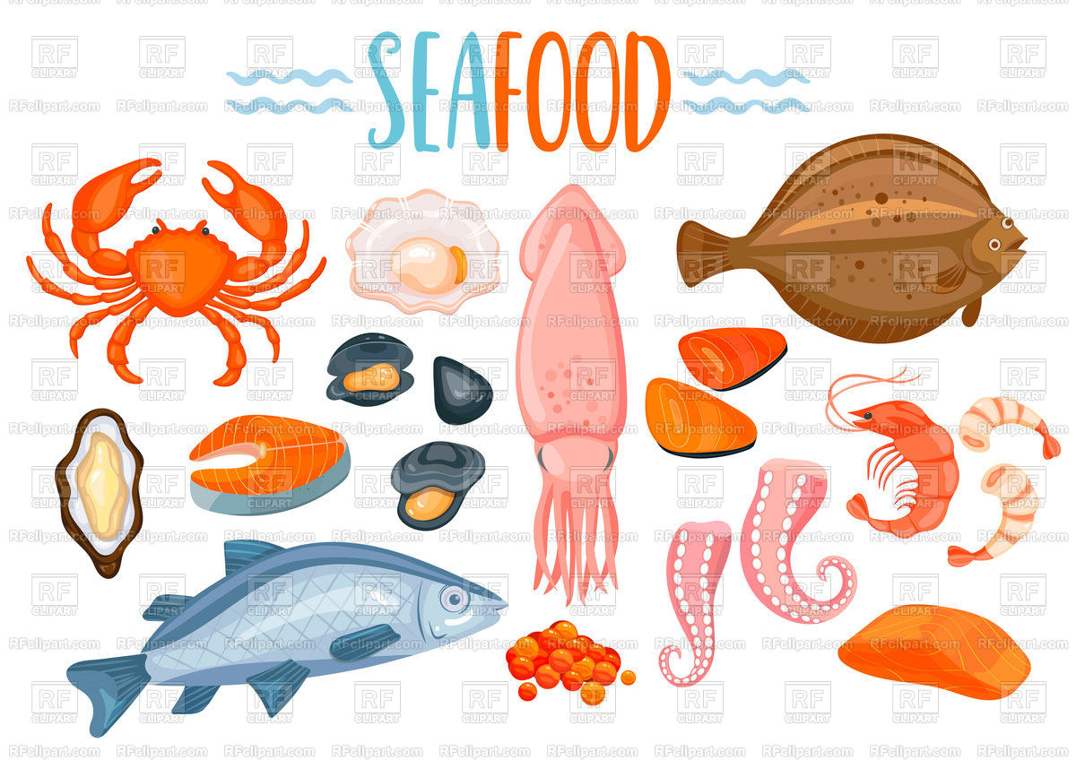 1200x848 Set Of Seafood Icons In Cartoon Style Vector Image Of Food