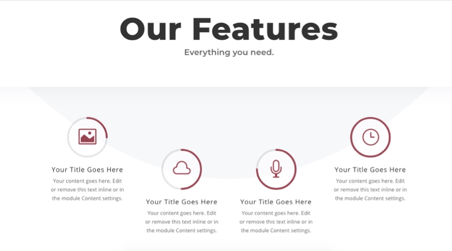 Modules content. Our features. Features Design. Feature requirement. Features on product with circles.