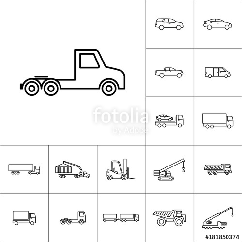 500x500 Line Semi Truck Icon On White Background, Vehicle Set Stock Image