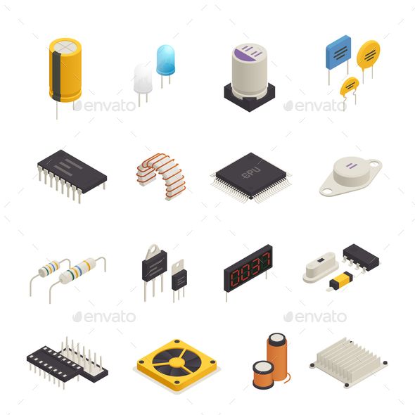 590x590 Semiconductor Device Electronic Components Isometric Icons Set